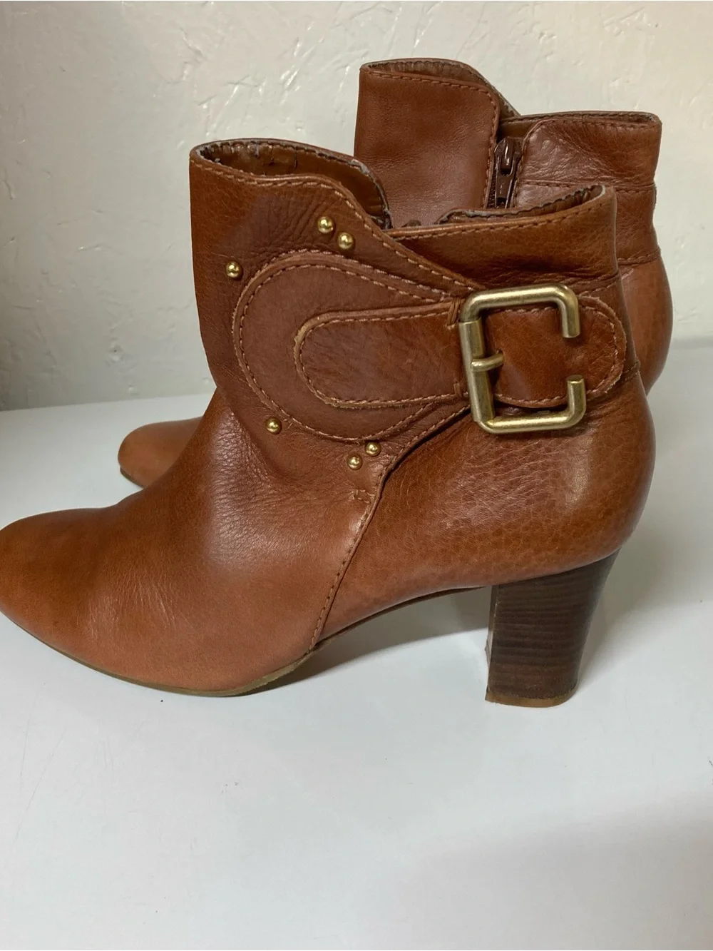 ANTONIO MELANI Cognac Leather Ankle Booties with Buckle Detail inside wear